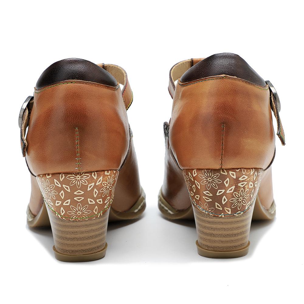 Johnature Туфли-лодочки в стиле ретро. Женская обувь. Натуральная кожа. Винтажные туфли Мэри Джейн с ручной росписью и цветами. Туфли на высоком каблуке.