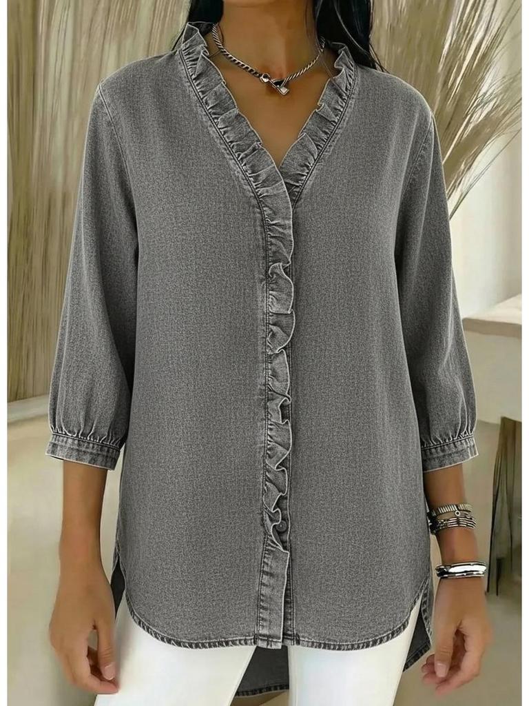 Женская повседневная блузка с V-образным вырезом и рюшами из искусственного денима, весна/лето 2026
