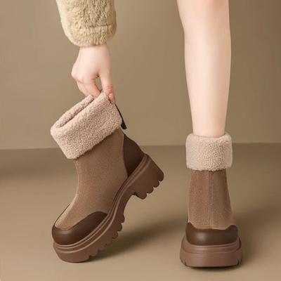 Замшевые массивные женские зимние ботинки с круглым носком, удобная и элегантная женская обувь, зимние нескользящие ботильоны, модная обувь 2025