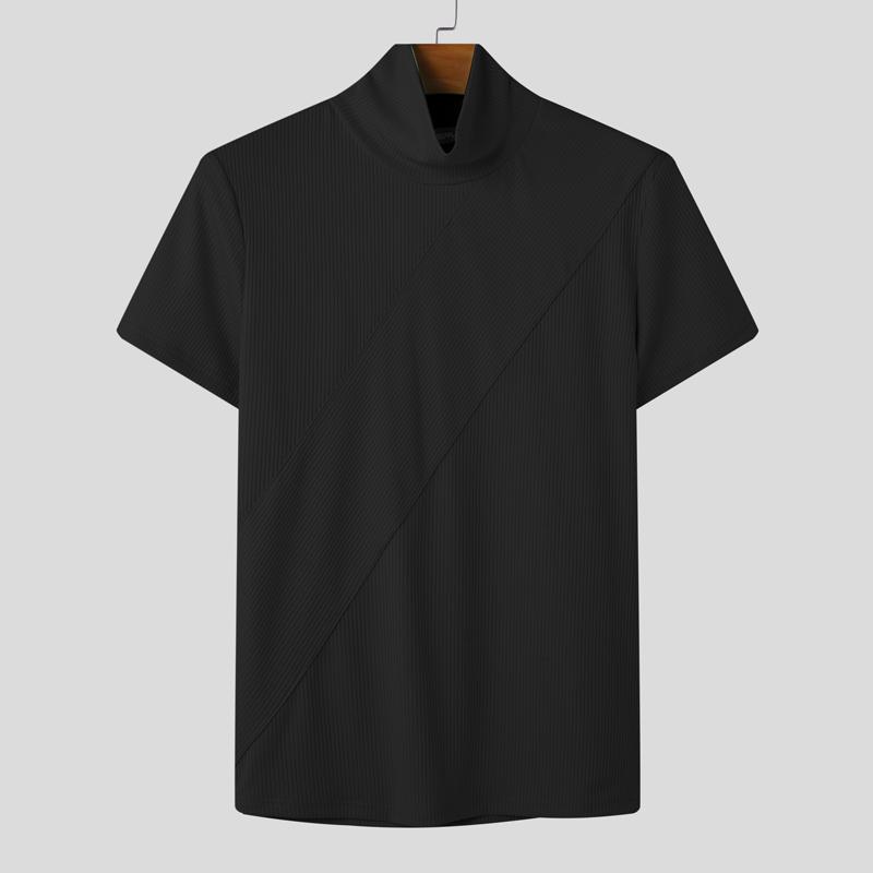 INCERUN Летние мужские футболки с высоким воротом и коротким рукавом в рубчик, облегающие повседневные футболки, топы