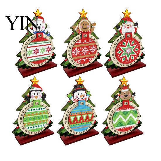 Holiday Countdown Activity Christmas DIY Rhinestone Painting Calendar, 25 Days Rotating Handmade Ornaments Tree Advent Wooden Tabletop Ornament