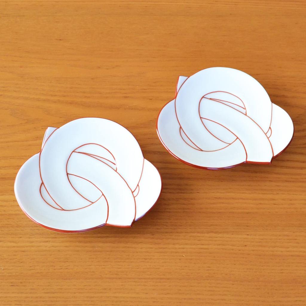 Set of 2 11cm Arita Ware Small Plates, Red Line Knot Design, New Year's Celebration, Japanese Tableware, Auspicious Charm