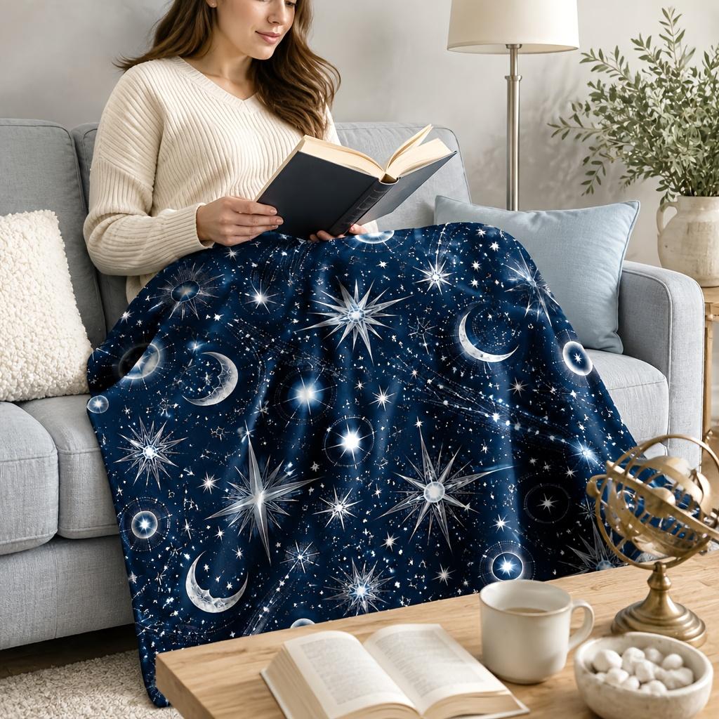 1pc Celestial Moon Star Flannel Blanket - Heavyweight Navy Night Sky with Sun & Stars Cozy Suitable for Sofa Travel Decor Machine