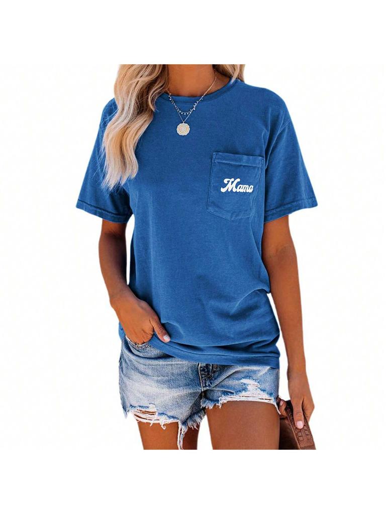 Women's Letter Print Crew Neck T-Shirt Short Sleeve Loose Basic Tee with Pocket