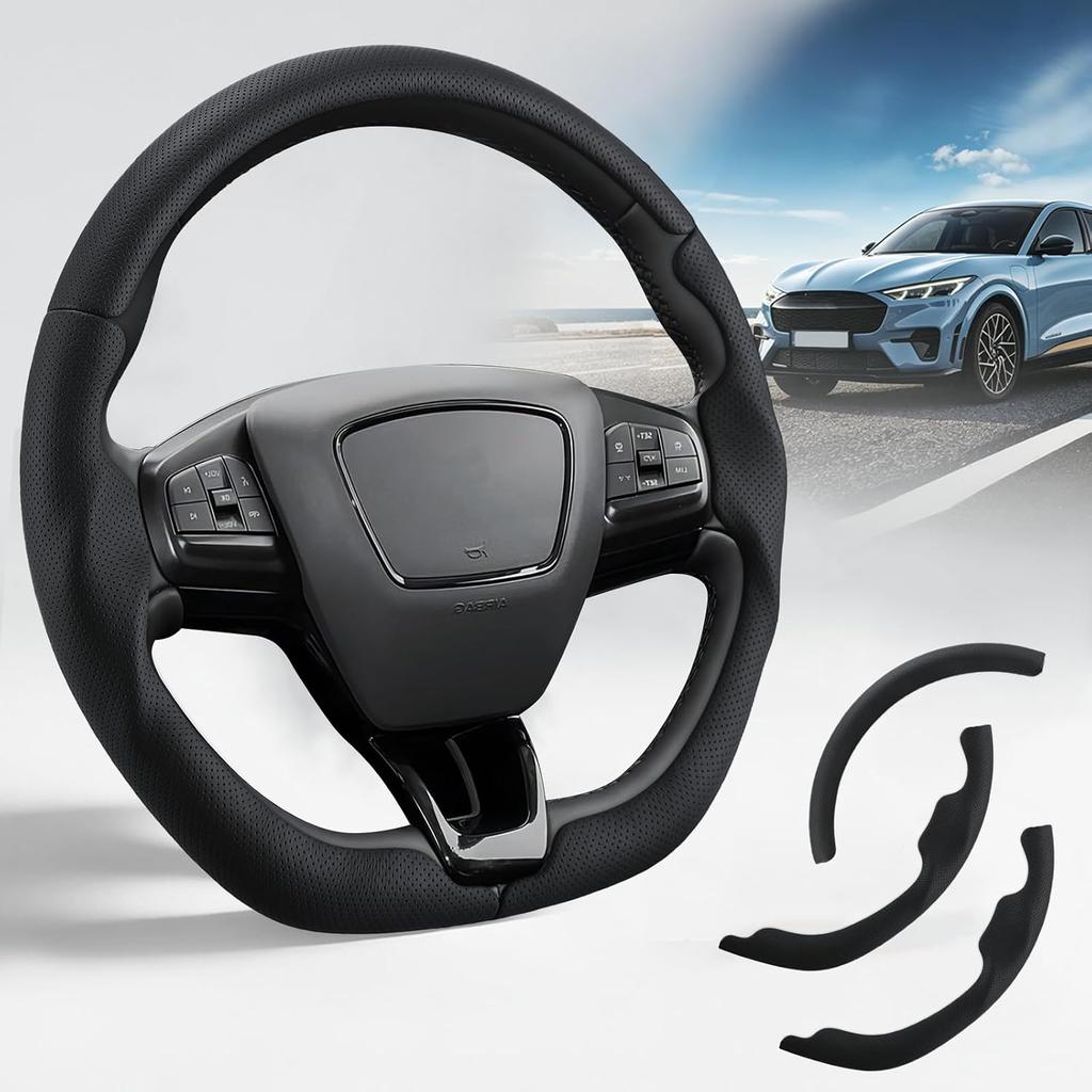 Steering Wheel Cover for Ford Mustang Mach-E 2021-2026, Black Hole | 3-Piece Leather Custom Fit Steering Wheel Accessories