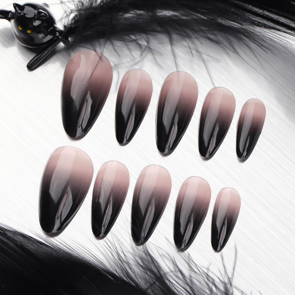 24 Pieces European and American Halloween Wear Nail Black French Gradual Change Manicure Short Almond Repeatable Nail Fake Nails