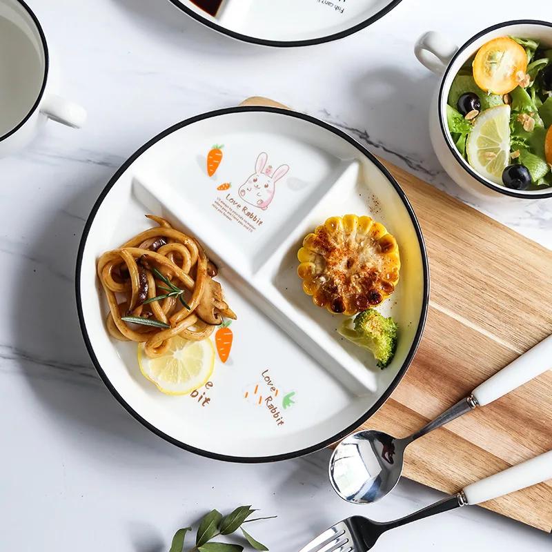 Керамическая тарелка с тремя перегородками, симпатичная детская тарелка для обеда, студенческая тарелка для пельменей, набор столовых приборов