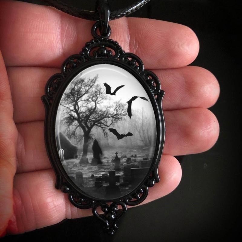 Black Graveyard Bat Pendant Leather Cord Necklace Gothic Women Statement Ethnic Jewelry Lariat Necklace Women Necklace