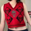 Gothic Knit Sweater Vest Skull Argyle Print Pattern Knitwear V-neck Pullover Fashion Jumper Top Women Halloween Streetwear