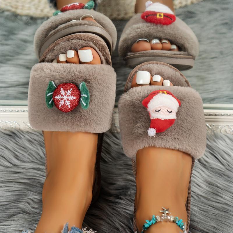 European and American Christmas Element Slippers for Women's 2024 Autumn Winter New Cartoon Cute Flat Bottom Women's Slippers