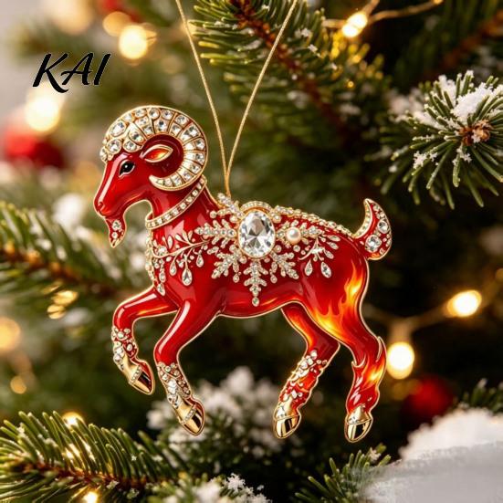 Christmas Gift for Friends Acrylic Goat Tree Pendant, Decorative Hanging Ornament with Xmas Pendant Rhinestone, Golden Cord New Year Party Durable