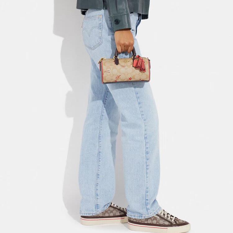 New COACH Lacey Canvas With Leather Boston Bag Handbag Shoulder Bag Crossbody Bag Small Size Women's Khaki & Pink CK562-IMOT4