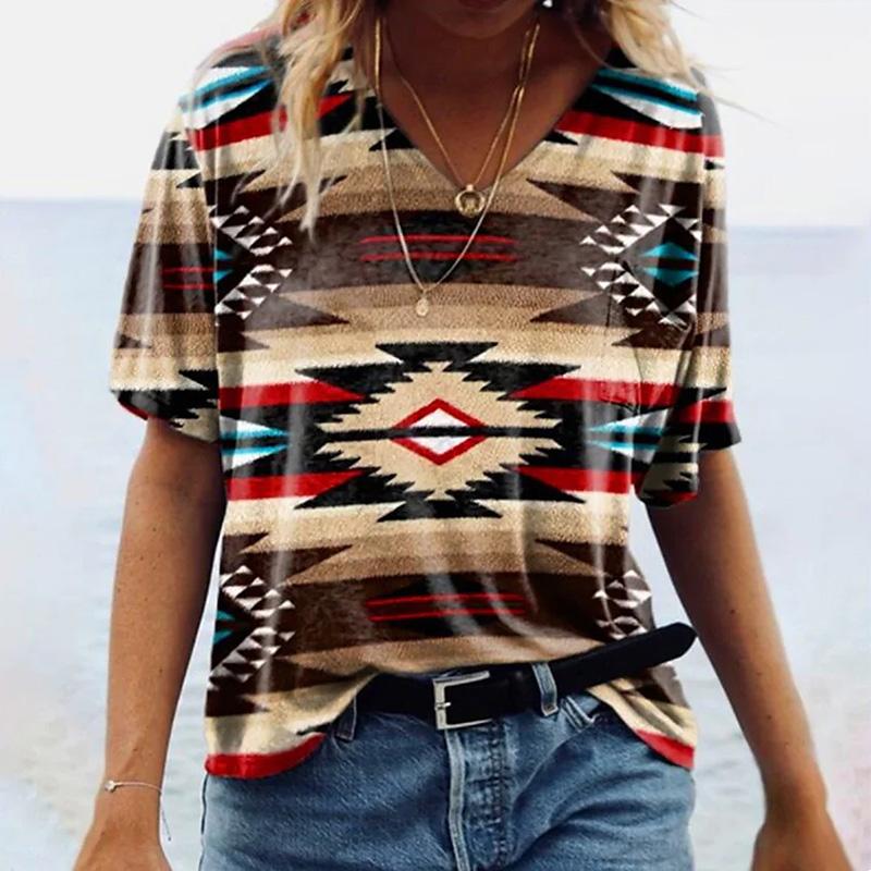Женские топы с v-образным вырезом и коротким рукавом с винтажным рисунком, свободная футболка, повседневная блузка