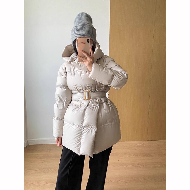 Winter Hooded Women's Down Jackets Warm Casual Coat Puffer Jacket Belt Elegant Parka Overcoat