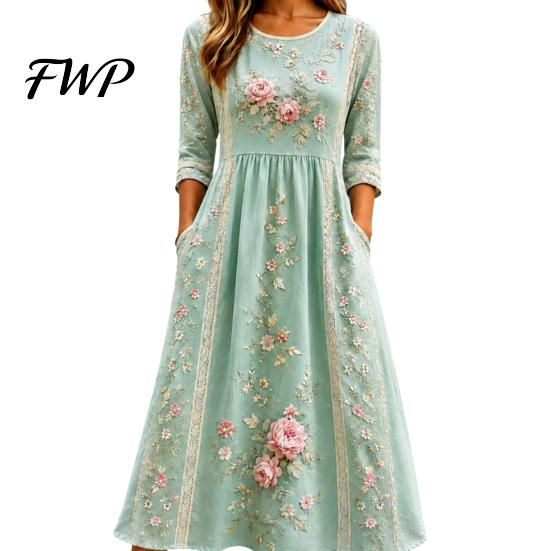 Slimming Silhouette Midi Dresses Autumn Floral Dress for Women, Long Sleeve Bohemian A Line Slim Fit Covering Belly Fat Dress, Vintage Waist-Cinching