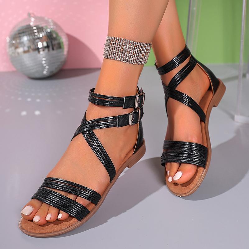 New Summer Women's Rome Sandals Round Toe Flat with Back Zipper Flat Casual Shoes for Daily Plus Size Outdoor Sandals