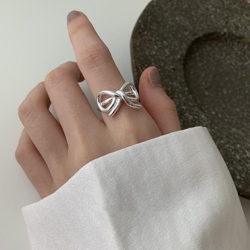 925 Sterling Silver Simple Ring For Women Fine Jewelry Finger Adjustable Open Vintage Hollow Bow Ring For Party Birthday Gift