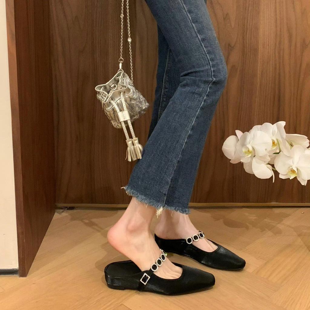 Sheepskin Version~ French Small Square Head One-word Diamond Strap Leather Muller Shoes Inner Height Increase Thick-soled Half Slippers Women