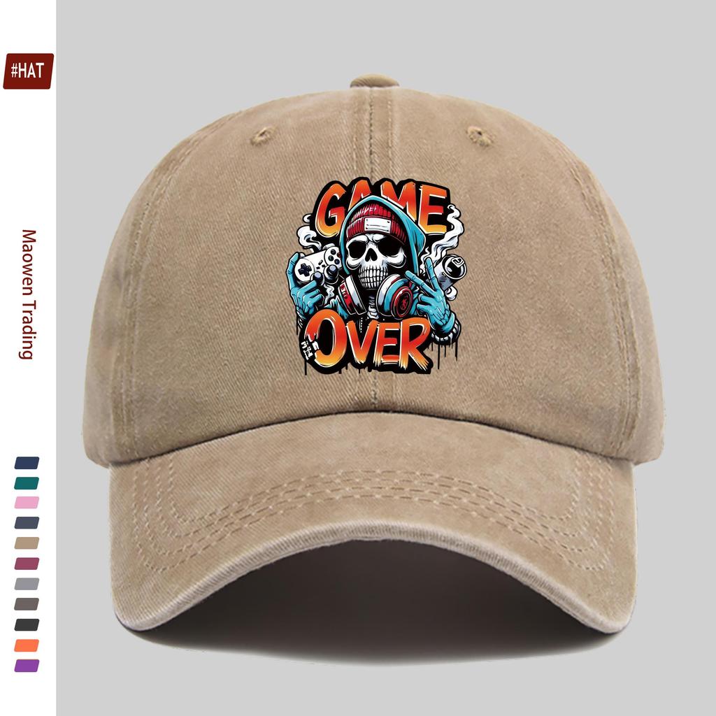 pc Game Over Skull Pattern Printed Baseball Cap with Skull Print Design Decorative Hat Comfortable and Lightweight Headwear