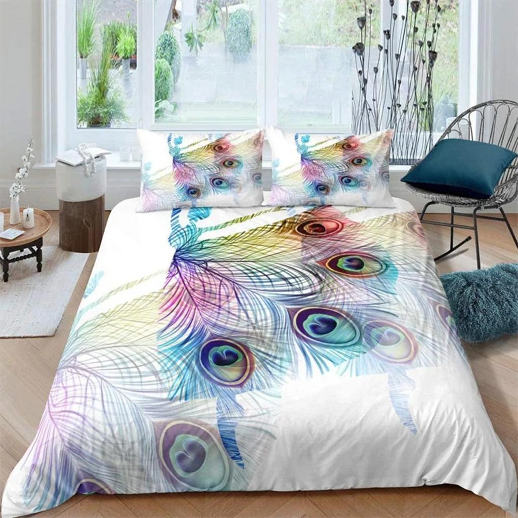 Dark Blue Peacock Feather Duvet Cover Feather Elegant Theme Chic Floral Quilt Cover for Women Teen Boys Girls Bedroom Decoration