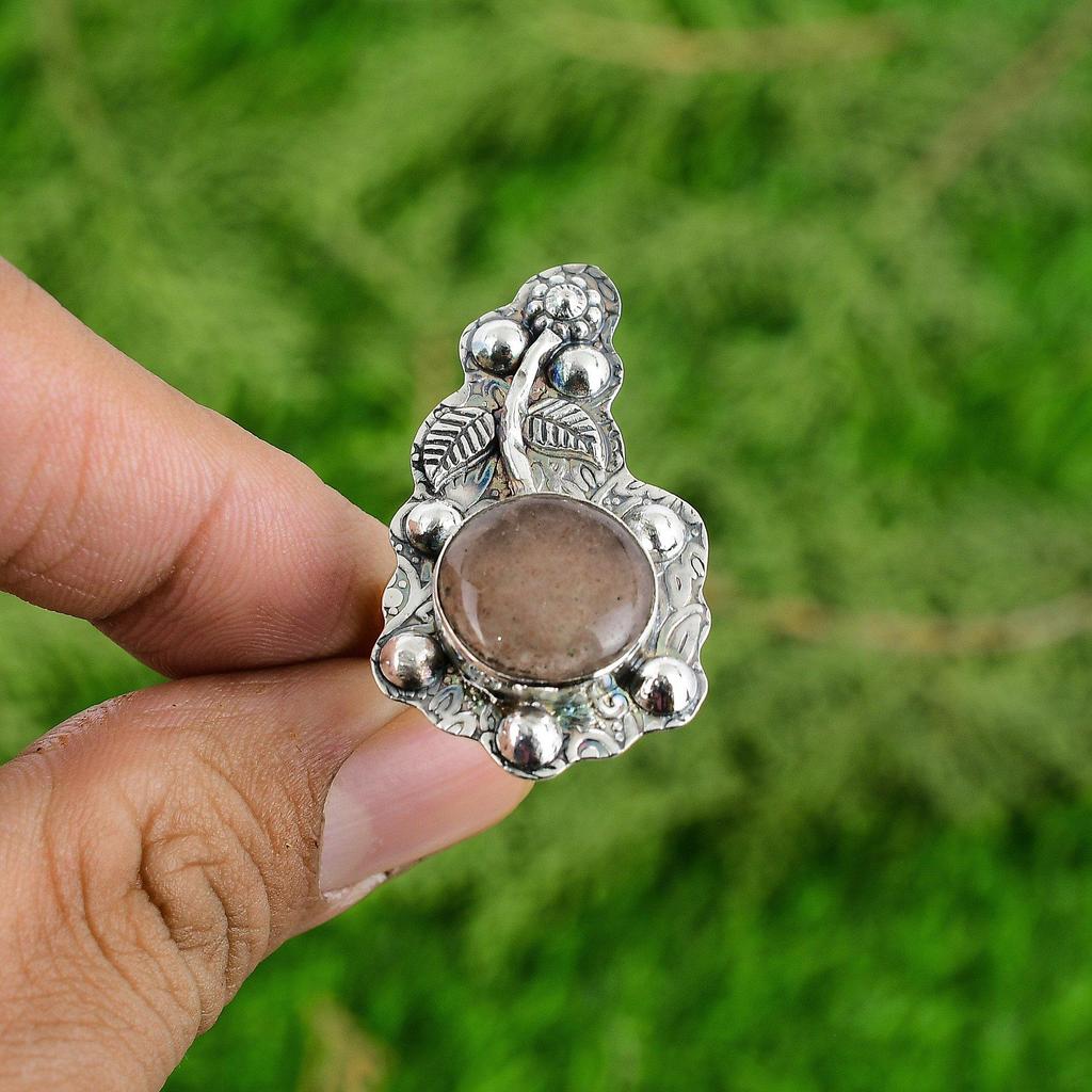 925 Sterling Silver Sunstone Gemstone Bezel Promise Flower Ethnic Stackable Ring