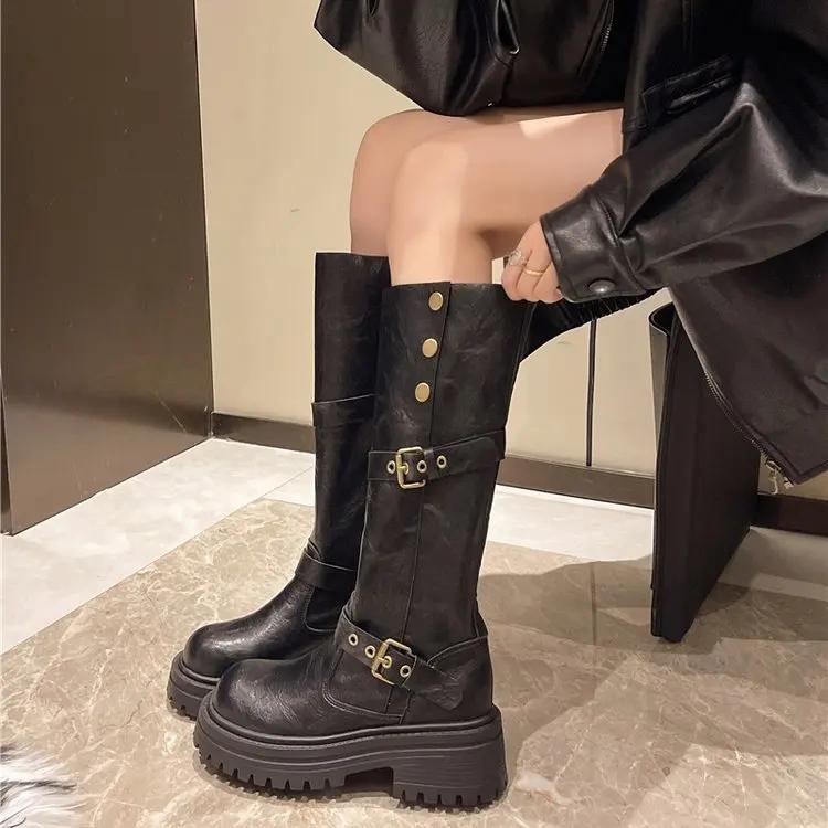 Винтажные зимние женские сапоги в стиле ковбойши, модные длинные сапоги с пряжкой на поясе, элегантные женские сапоги на толстом каблуке