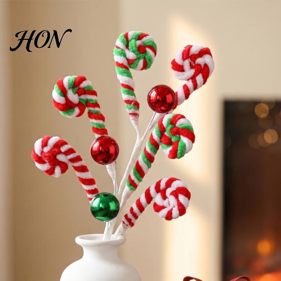 Plush Candy Cane Decor Christmas Pick, Red White Green Stem, Branch for Vase Filler, Wreath, Xmas Tree Decoration Filler