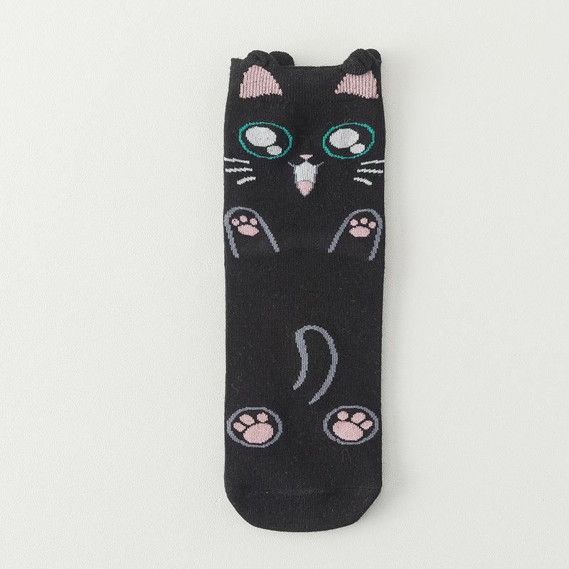 Women's Cute Cartoon Cat Mid-Calf Socks 3D Ears Lucky Cat Cotton Casual Socks
