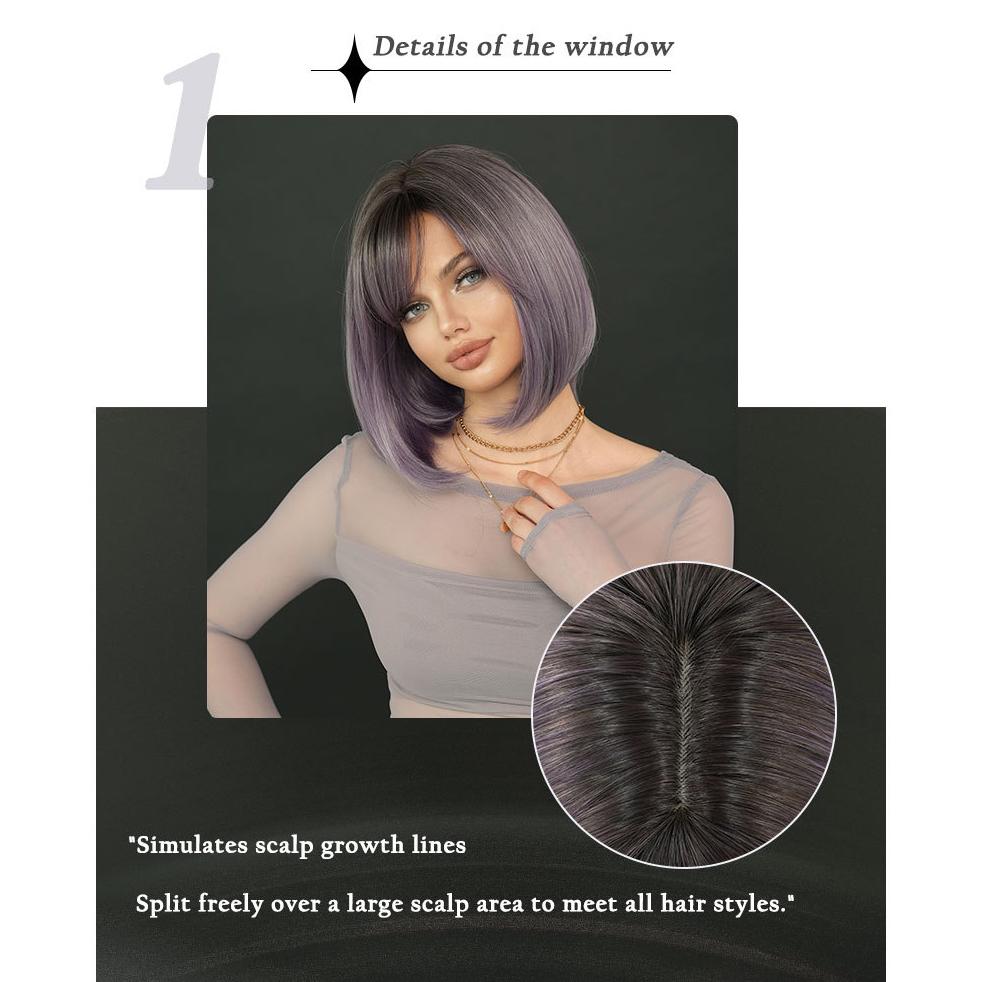 2025 New Gradient Gray Purple Short Straight Wig for Women - Side Bangs Bob Wig Synthetic Machine Made Full Cap, 4 Colors Available