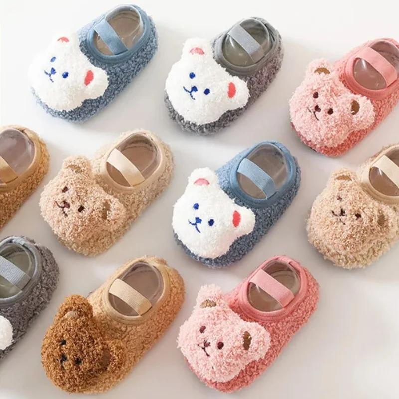 1PC Cartoon Bear Baby Shoes Winter Thick Warm Newborn Shoes Non-slip Soled Soft Plush Toddler Kids Boy Girls Infant First Walker