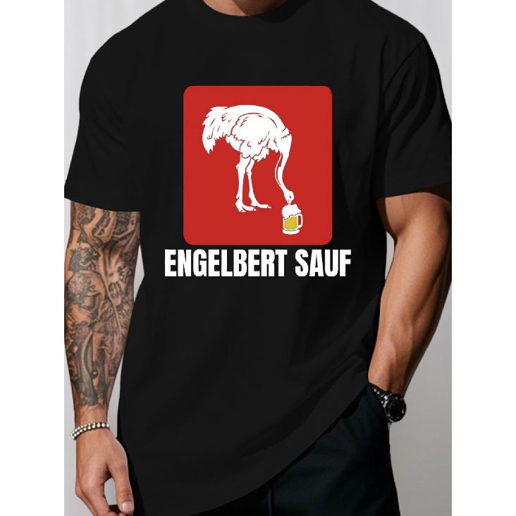 Men's Funny German Humorous Engelbert Sauf Crinkle Graphic T-Shirt - Red & Black Casual Short Sleeve Tee with White Print, Plus Size Comfort Fit