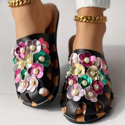Женские шлепанцы с декором из искусственного жемчуга и 3D цветочным узором, легкие шлепанцы без шнуровки для отдыха с закрытым носком, пляжные шлепанцы с половинным сопротивлением