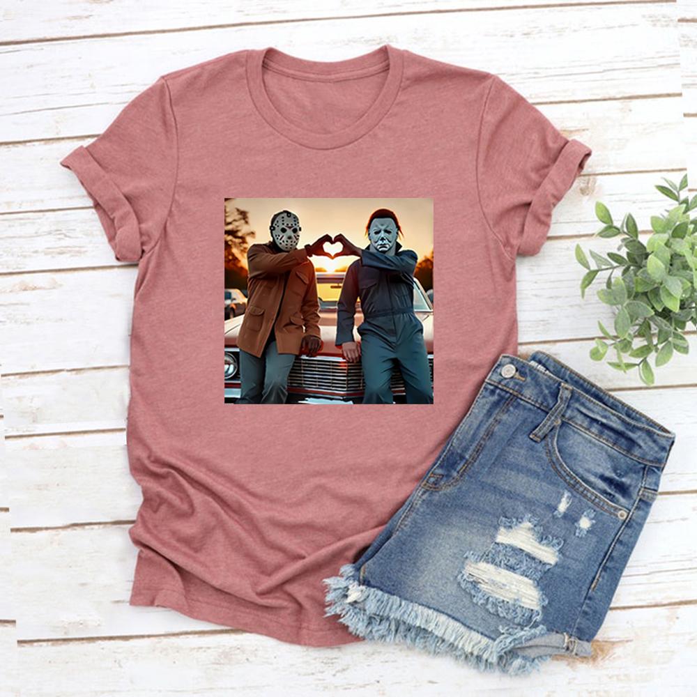90s Horror Movie T Shirt Michael and Jason Heart Hands TShirts Unisex Graphic T Shirts Funny Halloween Tshirt Halloween Gifts