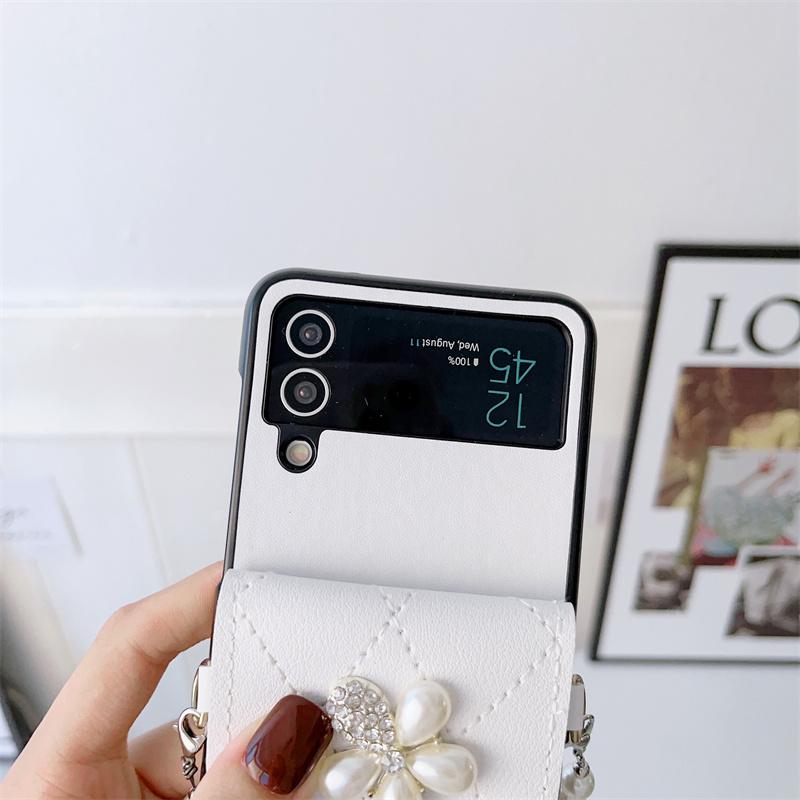 Модный чехол через плечо с жемчугом и бантом, ремешок для карточек, чехол для телефона для Samsung Galaxy Z Flip 4 3 Z Flip3 Flip4 5g, милые чехлы