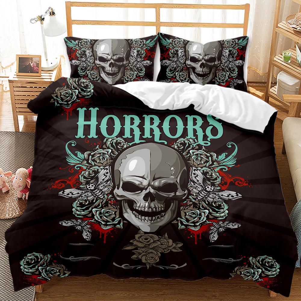 3D Skull Head Pattern Fashion Home Bedding Single Double Bed Full Size Pillowcase and Quilt Cover 2/3 Pieces of Microfiber Home Decoration