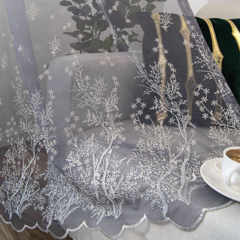 Flower Golden Embroidered Sheer Voile Curtain with Top Lace Valance, Suitable for Living Room, Bedroom, Kitchen Home Decor