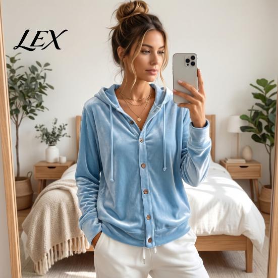 Lady Warm Coat Women Button Front Velvet Hoodie, Long Sleeve Hooded Jacket, Winter Hoodie Loose Fit Casual Drawstring for Autumn Relaxed