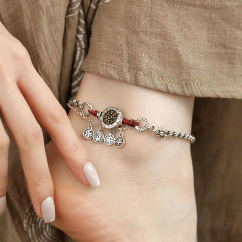 Vintage Chinese Style Anklet Women - Plated Charm With Red Braided Cord Ethnic Boho Jewelry
