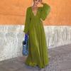 Women Evening Dress Deep V Neck Pleated Long Sleeves Solid Color High Waist Vacation Beach Party Maxi Dress