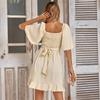 European and American Solid Color Summer Women's V-neck Waist Cinched Ruffle Edge Simple Temperament Dress
