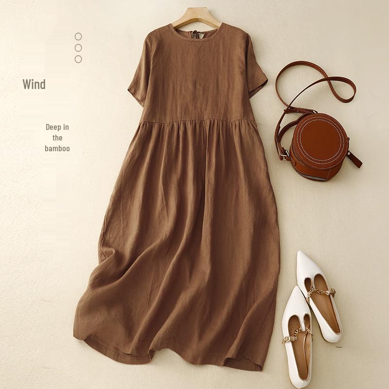 2025 Summer Literary Loose Cotton Linen Dress - Women's Solid Color, Round Neck, Short Sleeve, Mid-Length