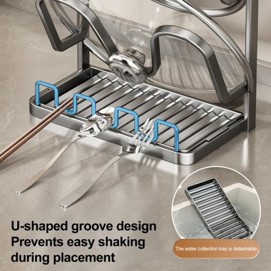 Подставка для хранения крышек от кастрюль Держатель для крышек от кастрюль с подставкой для ложки во время готовки Органайзер для крышек из углеродистой стали со съемным поддоном для капель для кухонных шкафов