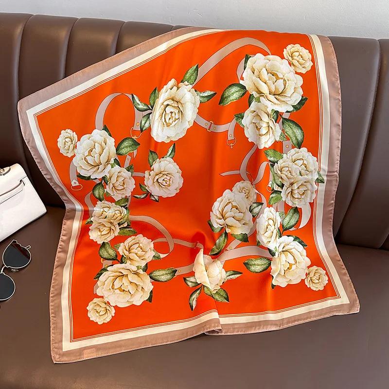 Silk Satin Neck Scarf For Women Fashion Bandana Head Small Hijab Scarves 70cm Square Kerchief Luxury Print Hair Scarf For Ladies