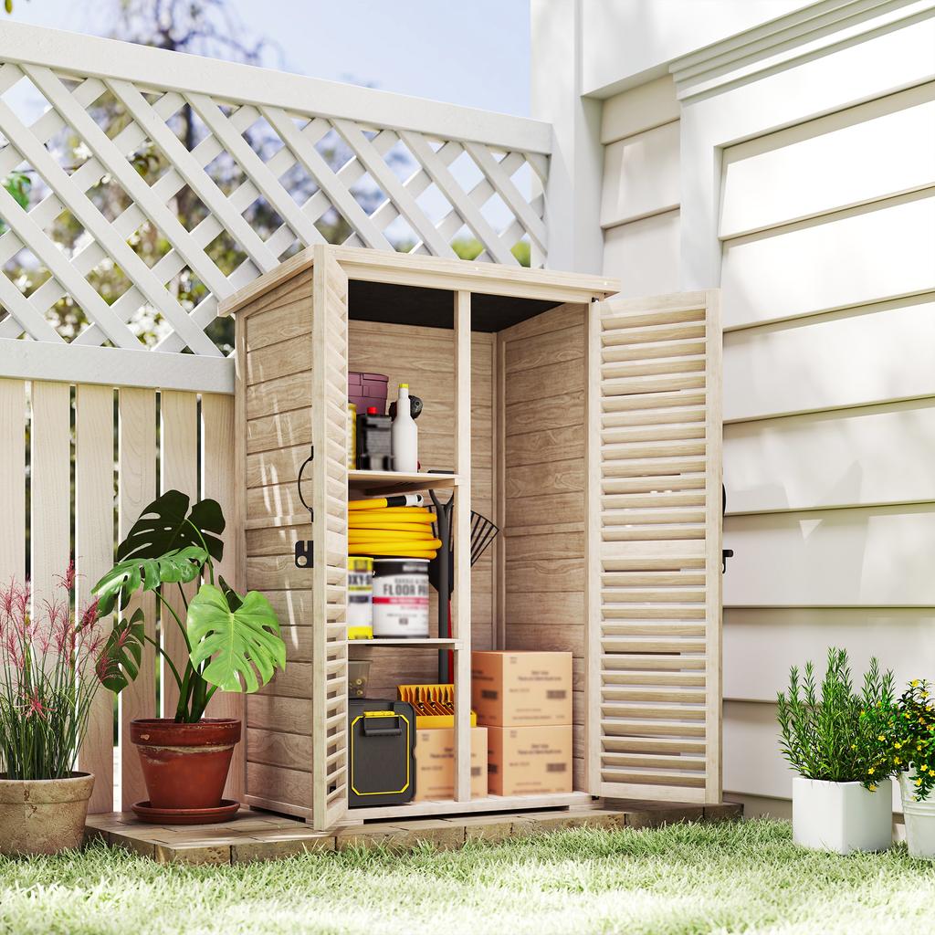 Garden Shed Tool Storage Wooden Cabinet 2 Shelves Bitumen Roof Louvered Doors Lockable 75 X 50 X 118