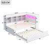 Solid Wood Sofa 90*200 cm, Pull-Out Bed, USB Socket and LED Light, Shelves and Storage Compartments, Multifunctional Single Wood Bed, White