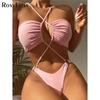 Sexy Wrinkled Cut Out Women Swimwear One Piece Swimsuit Female High Leg Cut Padded Monokini Bather Bathing Suit Swim Lady