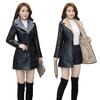 New PU Medium Length Leather Jacket with Slim Fit Warm Insulation Plush and Thick Plush Lining Trench Coat Women's Fur Collar Jacket Jacket