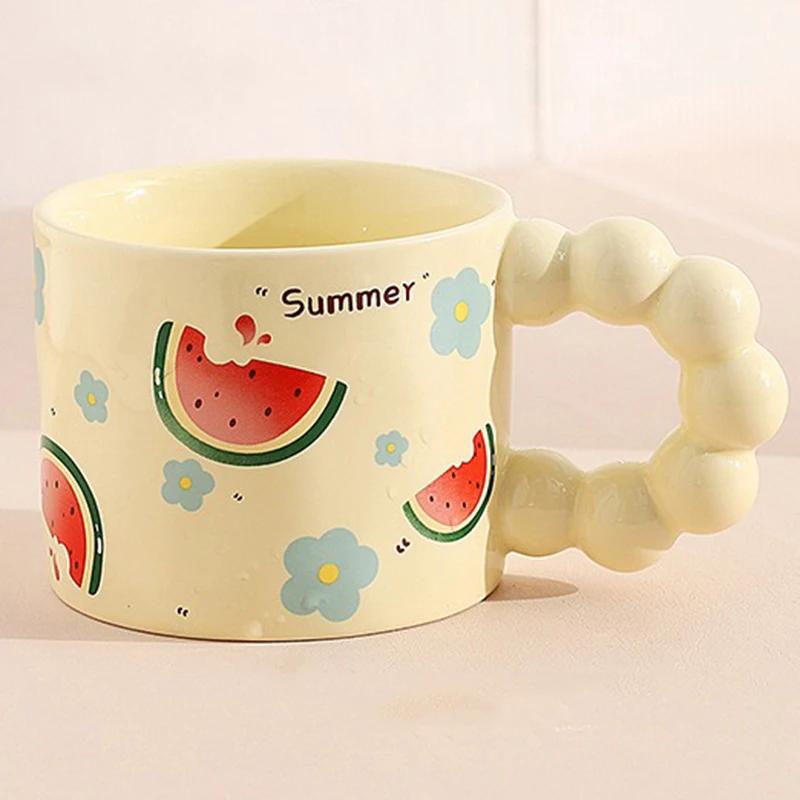 330ML Japanese Style Ceramic Coffee Cup Cute Fruit Pattern Milk Tea Cup Water Mug with Anti-slip Handle Coffee Cup Birthday Gift