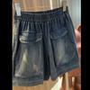Summer Women's Retro Elastic Waist Denim Shorts Thin Section Big Pocket Jeans Women's Casual Shorts