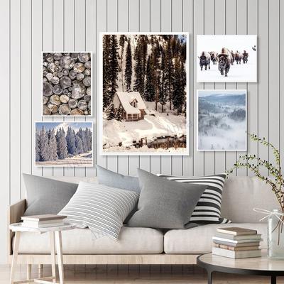 Рождественский домашний декор, постер, зимний фермерский дом, картины с изображением бизона, картина из сосны, скандинавская настенная живопись на холсте, декор для гостиной